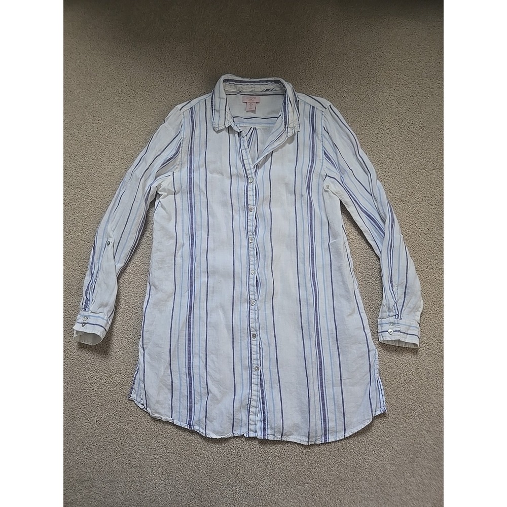 St Tropez Button Up Shirt Dress Womens Large Blue Linen Blue Striped Long Sleeve